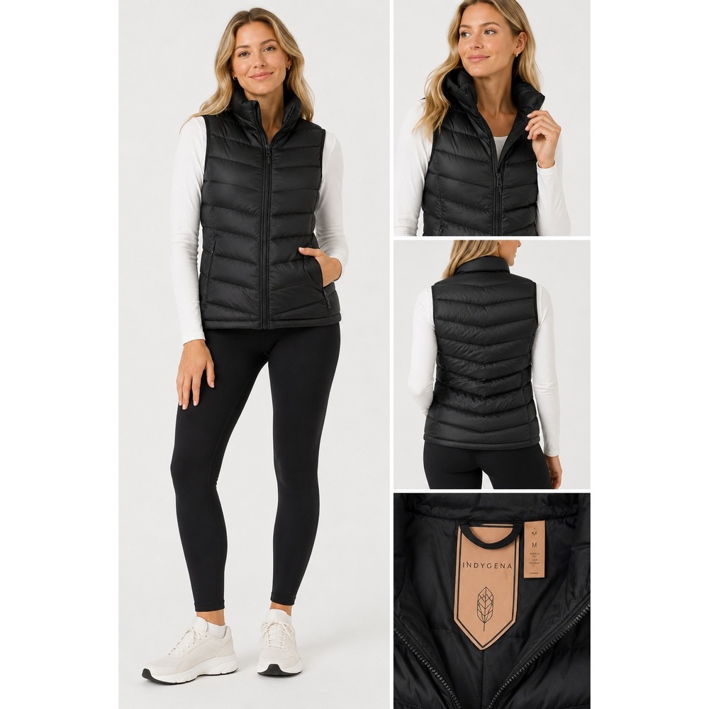 Indygena Puffer Vest Womens Medium Black Duck Down Full Zip High Neck Outdoor
